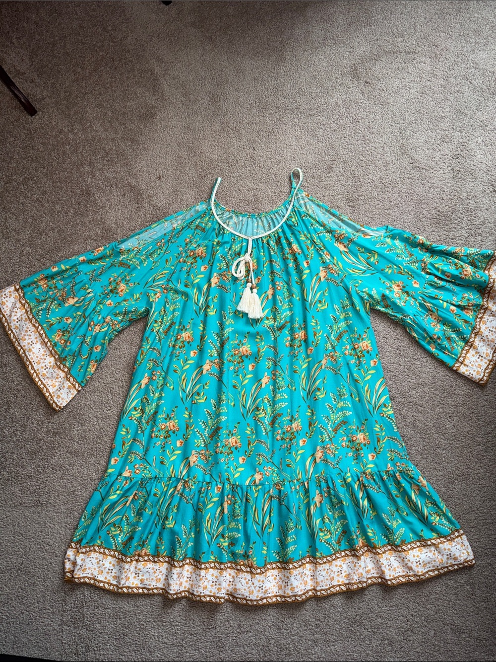 Turquoise Floral Peasant Dress with Tassel Tie